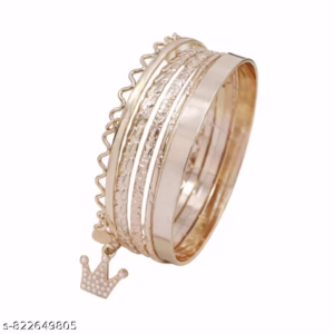 Home Gold Plated Crown Charm Dmoire Bangle – Single Elegant Indo Western Textured Designs